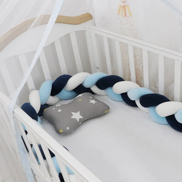 Baby crib bumper with braid knot design in spandex velvet, showing adjustable length protection around crib rails