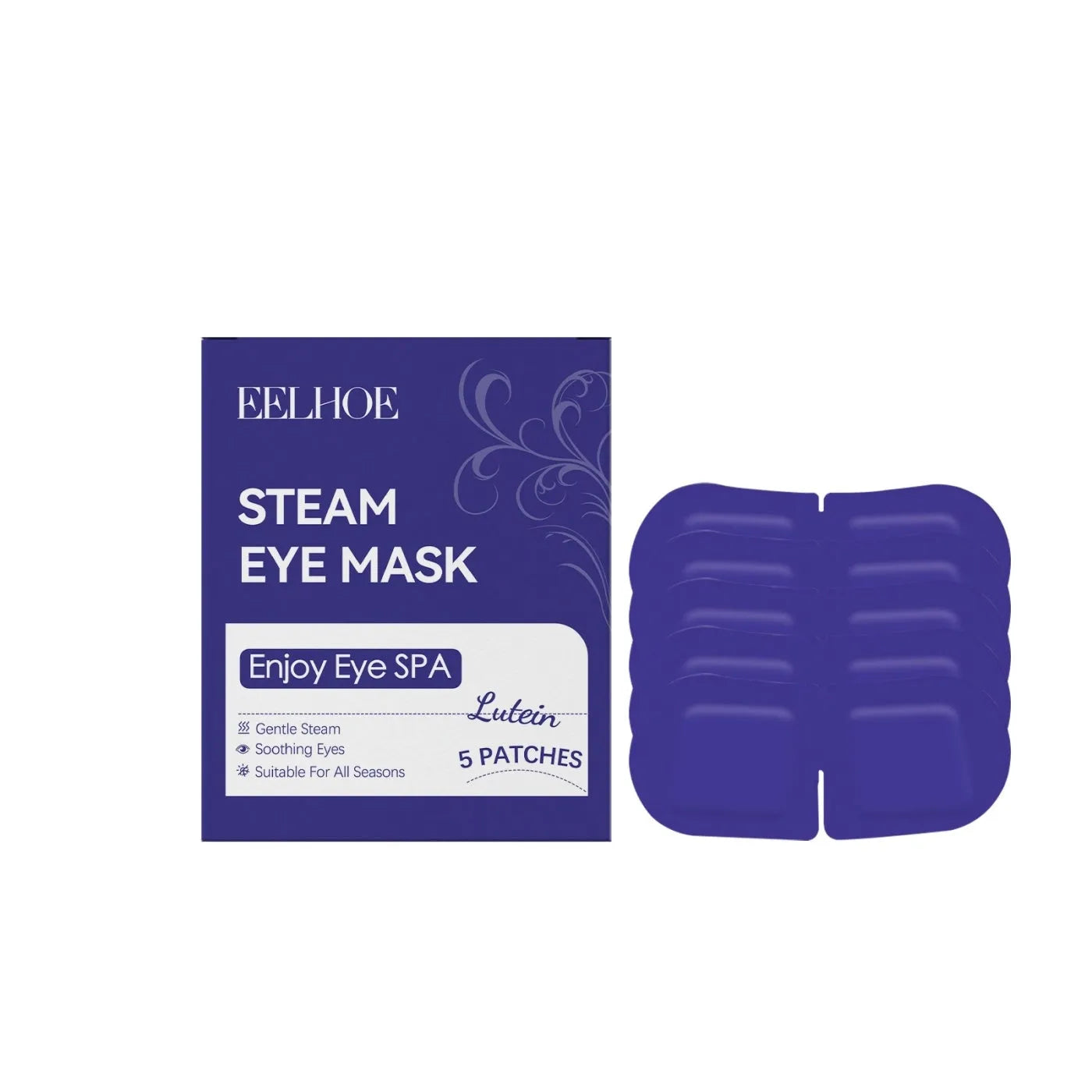 Lutein steam eye mask pack with 5 patches, non-woven fabric, and ingredients including carbon powder and cranberry extract