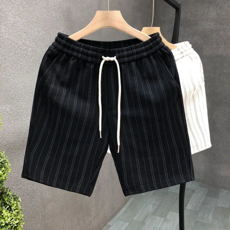 Men's black and white striped casual shorts with fleece lining, double-layer waistband, and ankle banding on straight-leg design