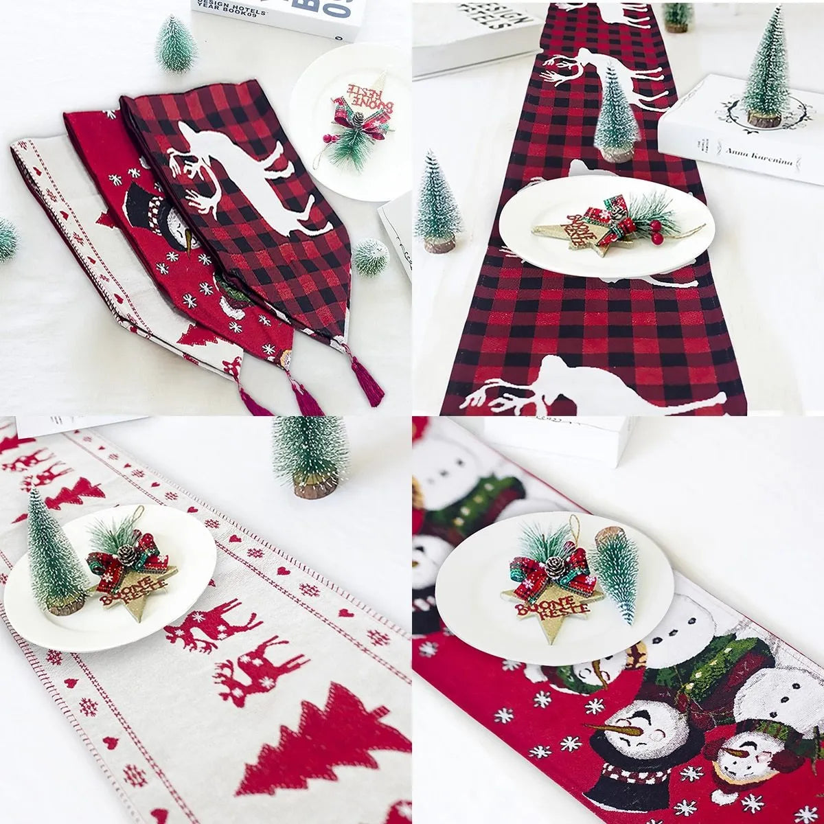 Red, white, and green Christmas table runner with elk and snowman print on a wooden dining table.