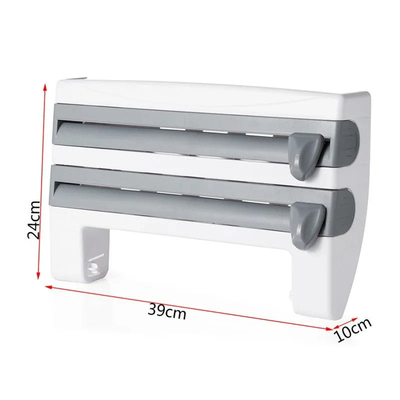 White wall-mounted 4-in-1 kitchen roll holder dispenser for cling film, foil, and paper towels