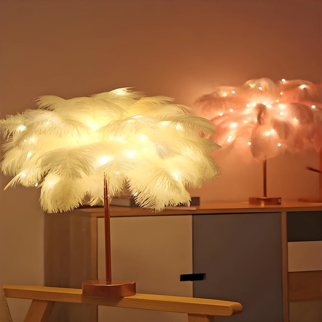Feather table lamp with remote control, USB or battery power, 50 feathers, soft light for bedside or desk