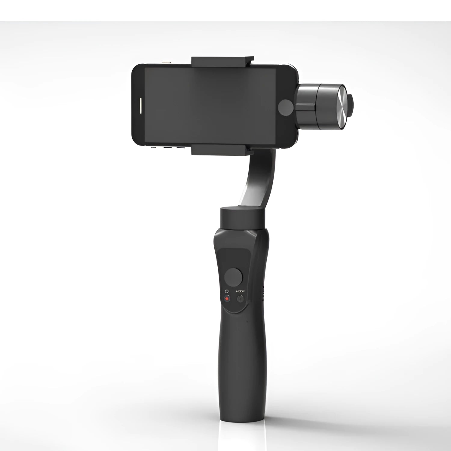 Black 3-axis handheld smartphone gimbal stabilizer showing rotation capabilities for phones below 6.5 inches