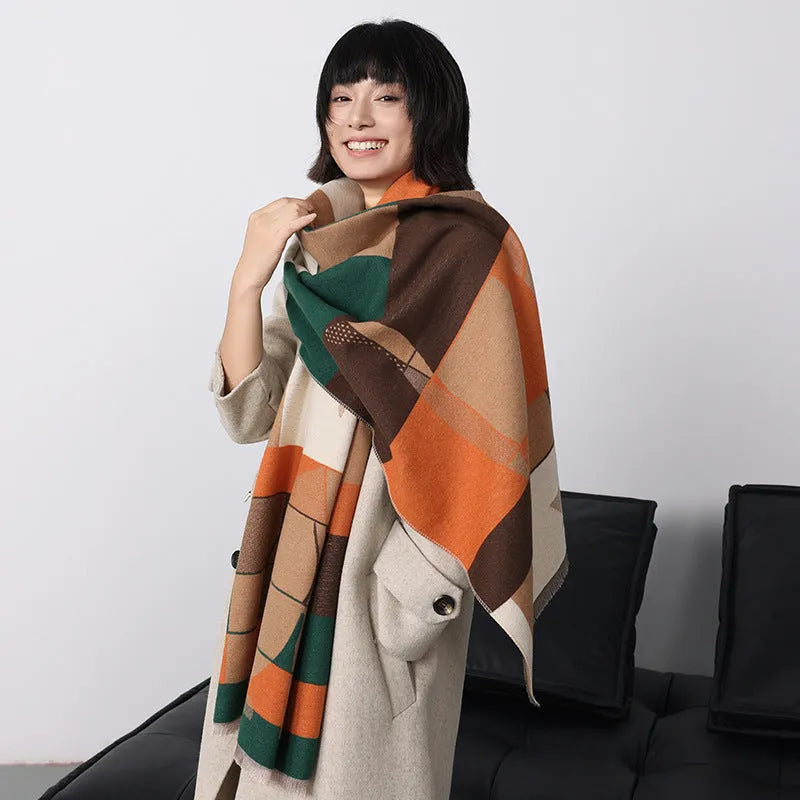 Imitation cashmere shawl scarf in beige colour showing 185x65cm dimensions and European American chic style