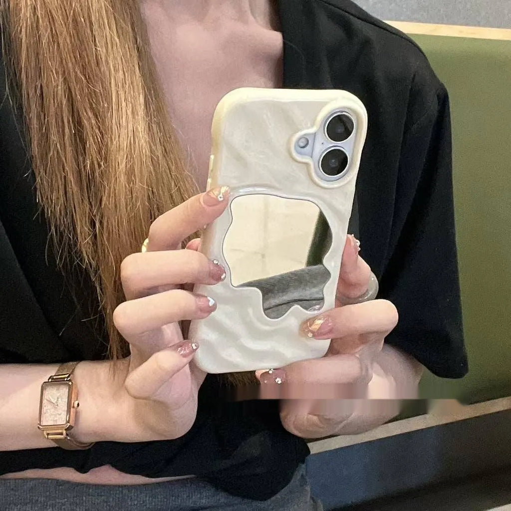 Simple water ripple texture phone case with a mirror, shown in beige, for iPhone protection.