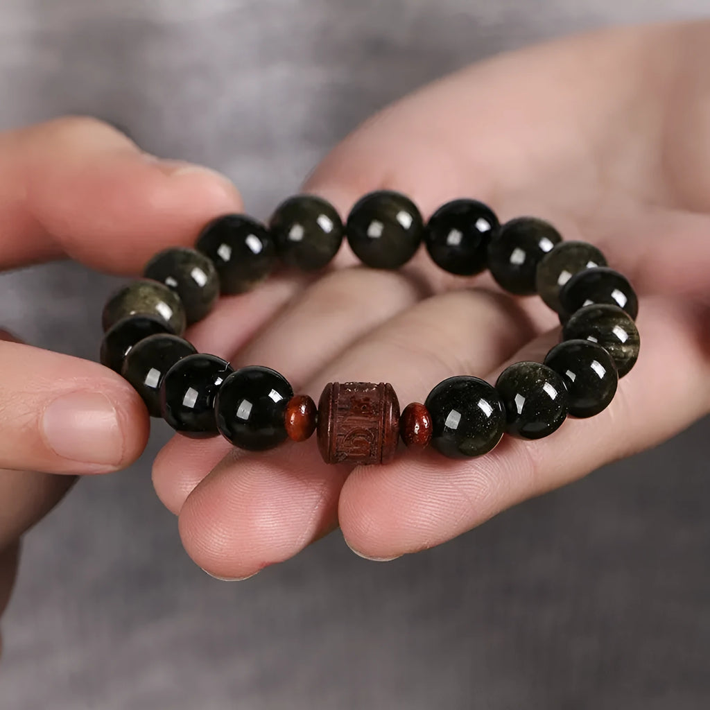 Hand-woven golden obsidian bracelet with 10mm round beads in vintage retro style