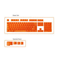 Set of 104 transparent PBT keycaps for mechanical keyboards in orange, white, blue, and black colours.