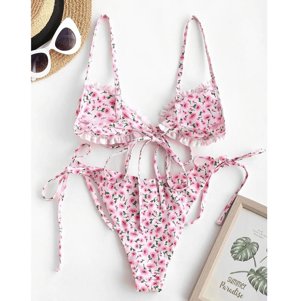 Women's blue printed multi-rope banded bikini swimsuit with short sleeves and lapel collar