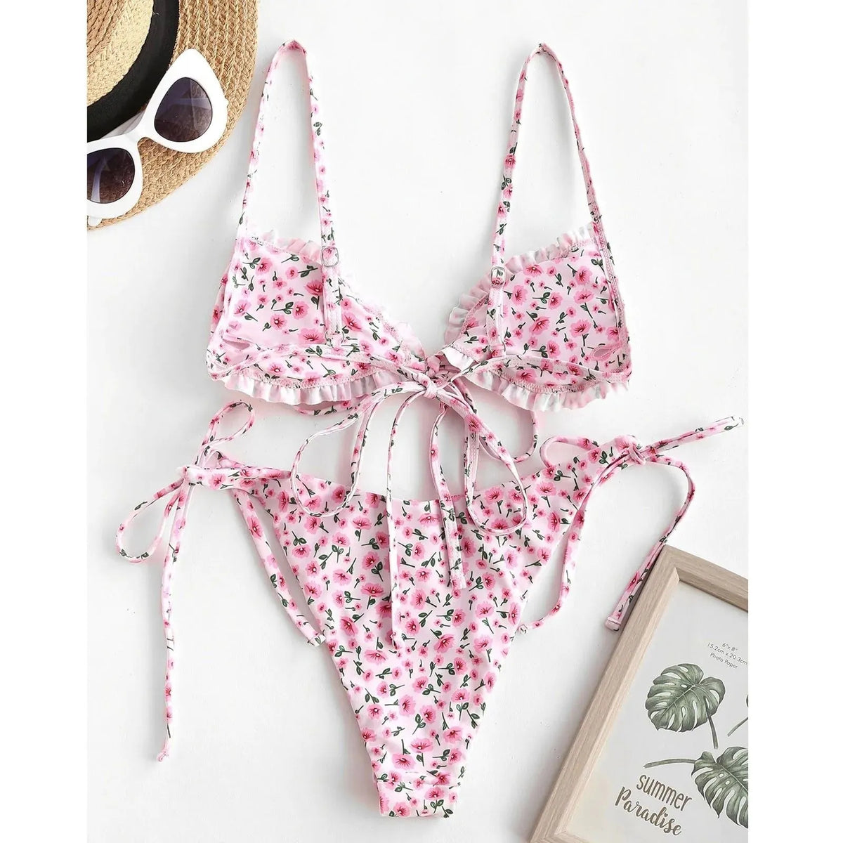 Women's blue printed multi-rope banded bikini swimsuit with short sleeves and lapel collar