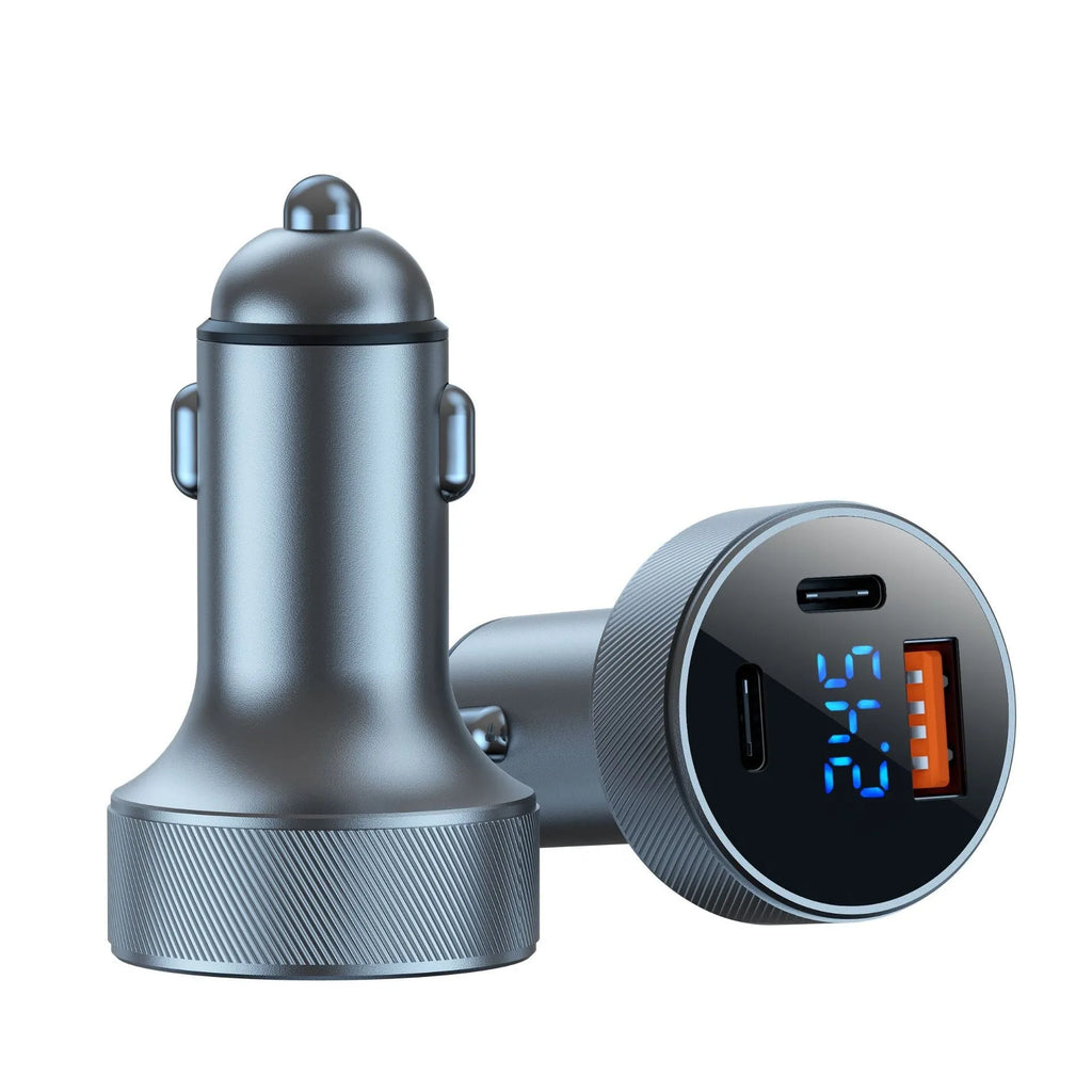 Black aluminium alloy car charger with digital display and three charging ports