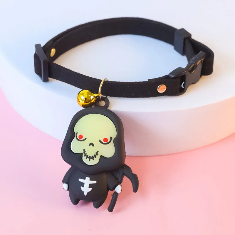 Halloween dog collar with luminous cartoon patterns in Pumpkin Man, Luminous Brat, and Luminous Skull designs, adjustable sizes 16-56cm