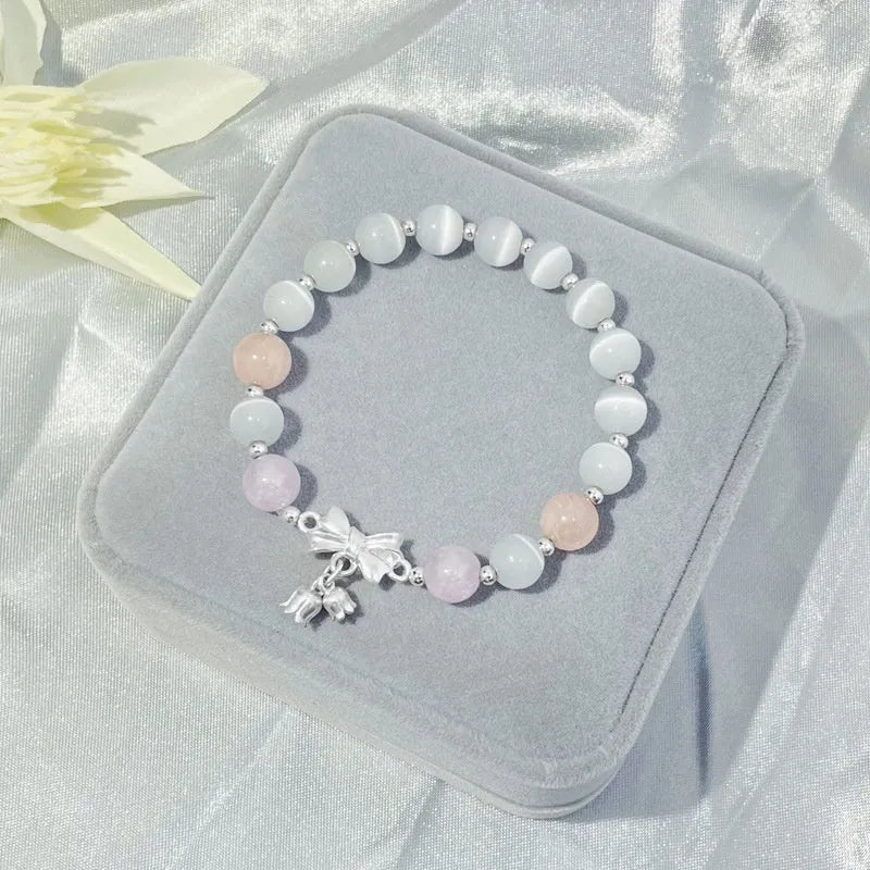 Lavender amethyst opal bracelet with bowknot design and 10mm crystal beads