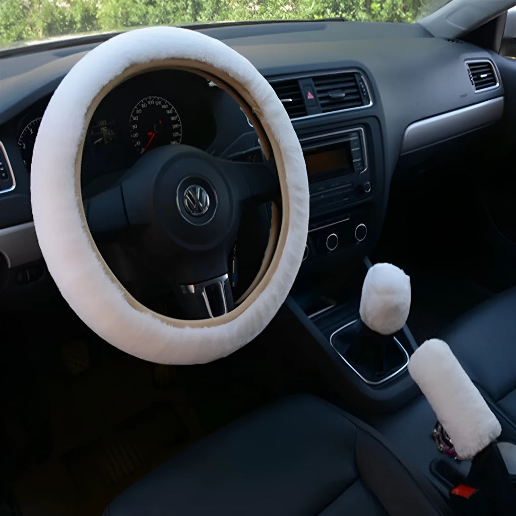 Plush car steering wheel cover set with handle and gear shift knob covers in six colour options