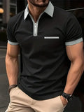 Man wearing a loose-fit short-sleeve casual shirt with a chest pocket and zipper decorations on the front.