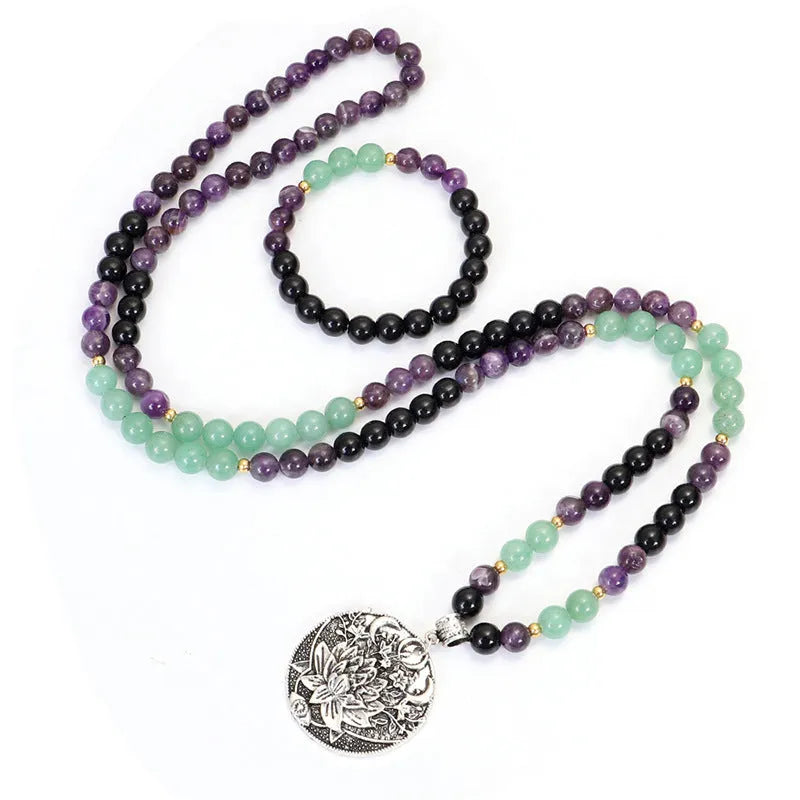 Handmade stone yoga lotus pendant necklace and matching bracelet with alloy centrepiece