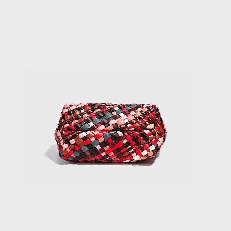 Colourful woven pattern on a women's casual PU leather shoulder bag showing its 18cm length.
