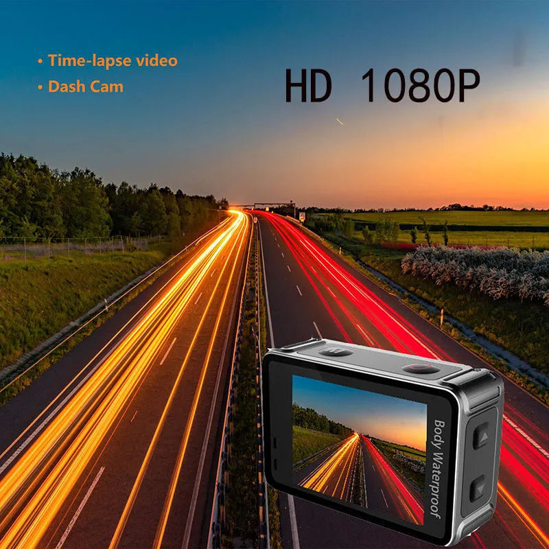 Black touchscreen sports action camera with 170 degree wide angle lens showing compact dimensions