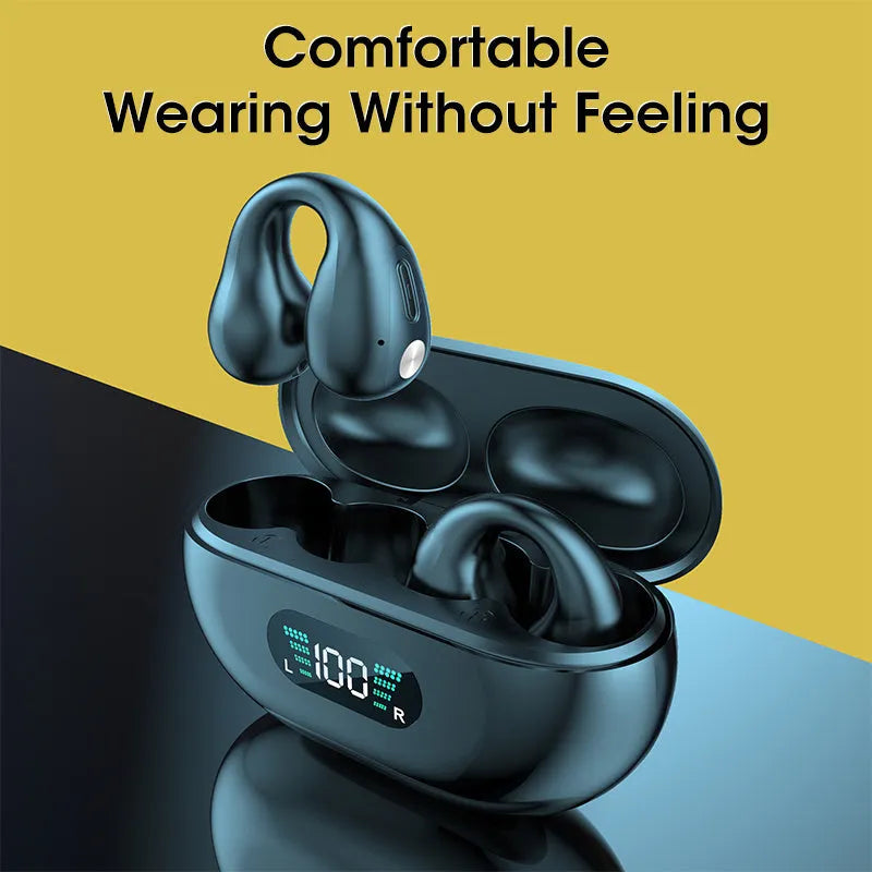 Bone conduction Bluetooth headset clip in black colour with ear clip design and charging cable