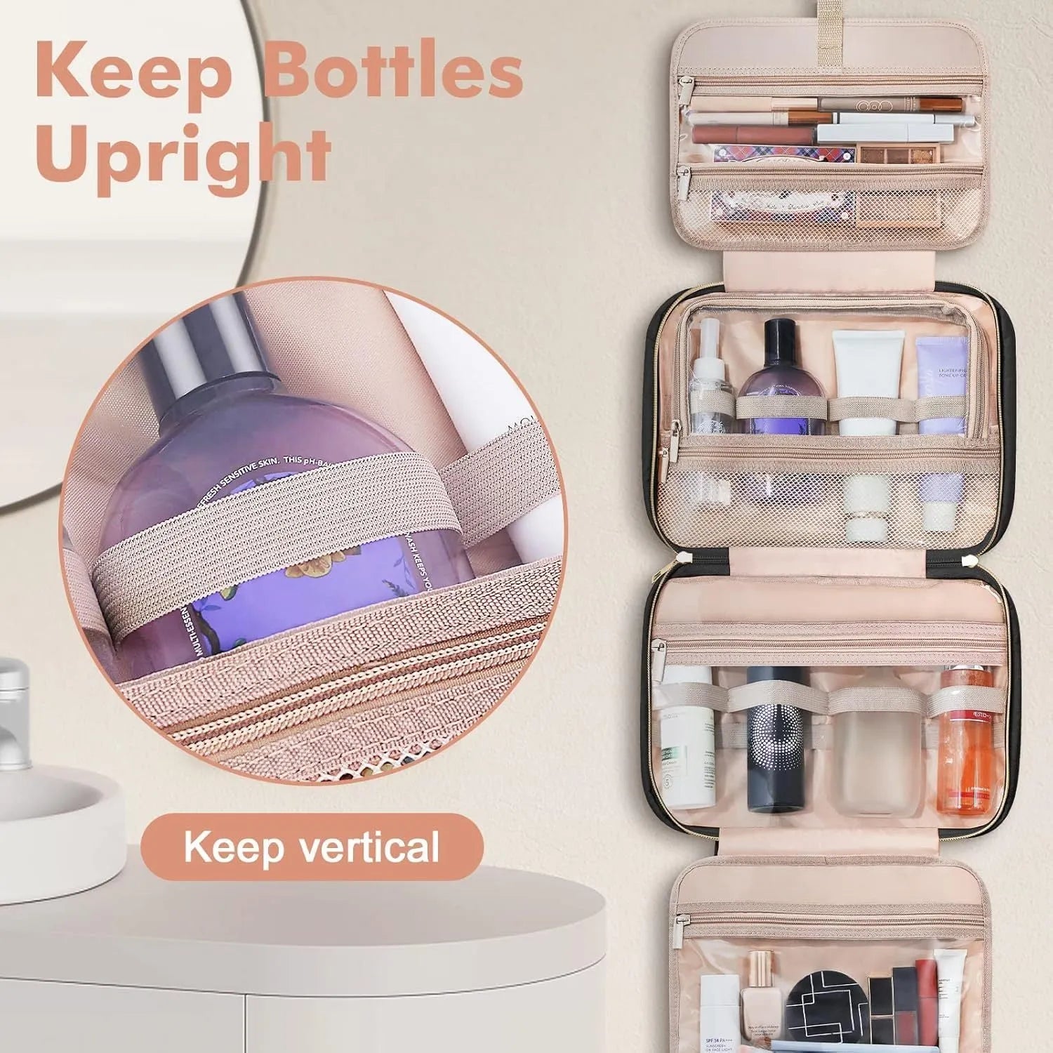 Polyester travel cosmetic storage bag shown in multiple colour options including leopard print.