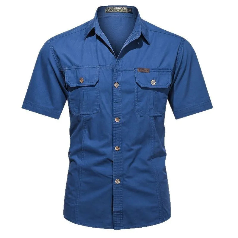 Men's short sleeve cotton work shirt in Army Green with non-iron treatment and loose fit for outdoor use