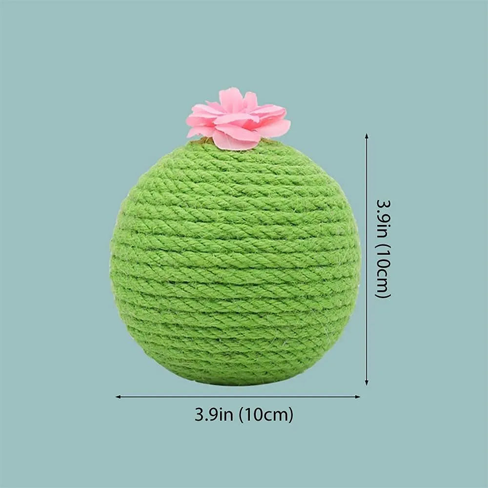 Green tumbler cactus cat scratcher with natural sisal surfaces and integrated ball toy