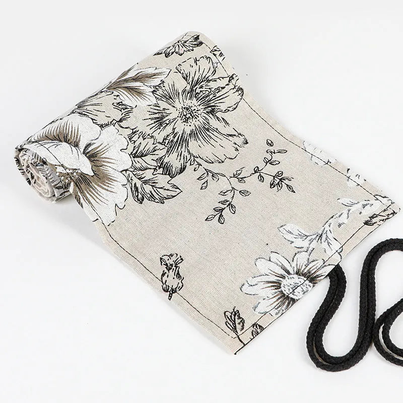 Black Peony printed cotton hemp canvas pencil roll bag showing 24-hole and 72-hole storage options