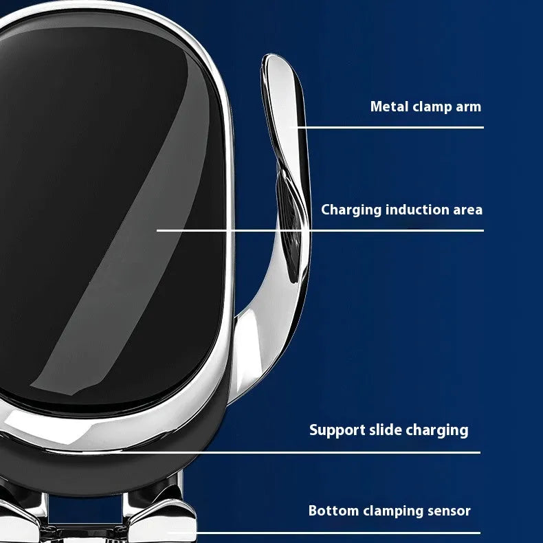 Silver portable plastic car phone holder with electric clamping mechanism, universal fit, compact design.