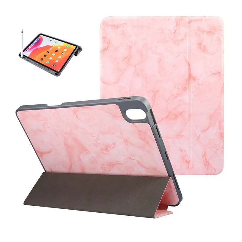 Tri-fold marbling iPad case in dark grey with integrated pen slot for Apple Pencil, showing shockproof imitation leather housing