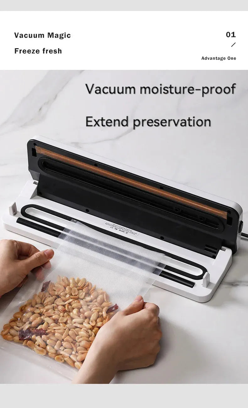 White automatic vacuum sealer machine with compact design for kitchen food preservation