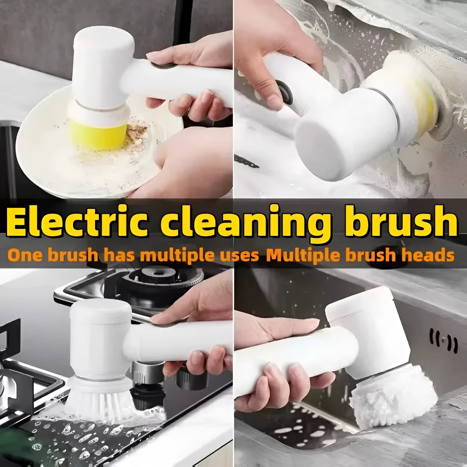 White rechargeable electric cleaning brush with three interchangeable brush heads for bathroom and kitchen surfaces