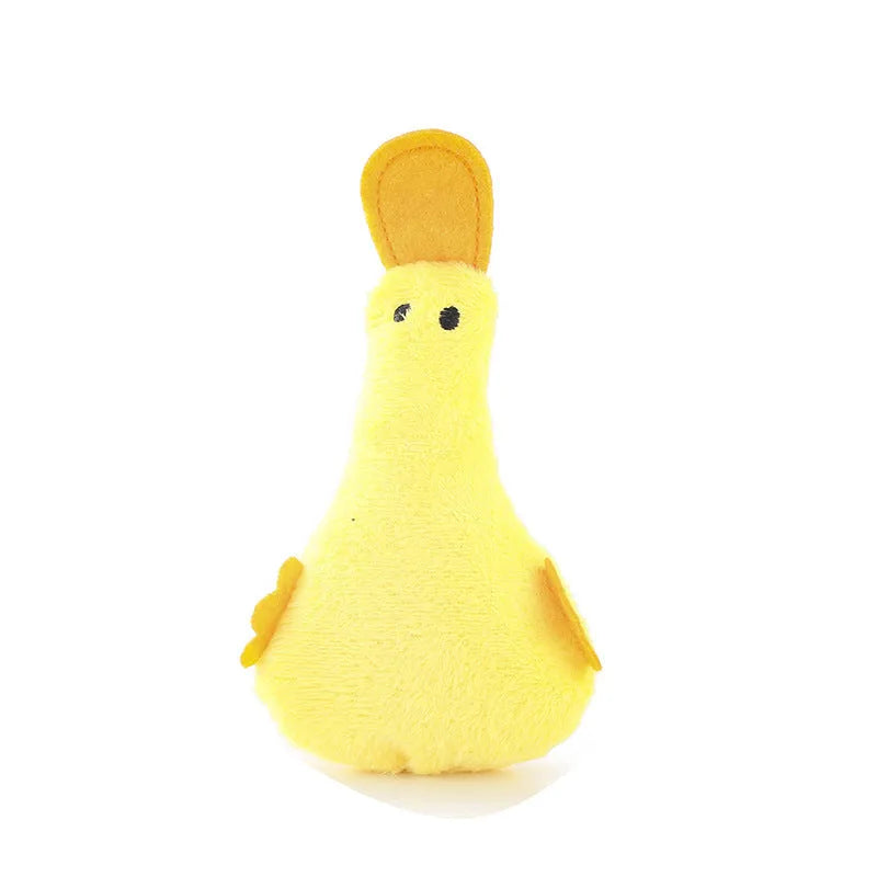 Soft plush duck toy in yellow with black details, shown with a cat and dog, highlighting its catnip filling and squeaker.