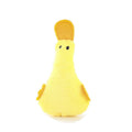 Soft plush duck toy in yellow with black details, shown with a cat and dog, highlighting its catnip filling and squeaker.