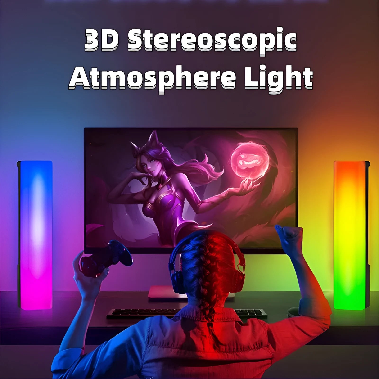 3D RGB table top ambiance lamp with music responsive lighting, 5.2x4.5x24.5 cm dimensions