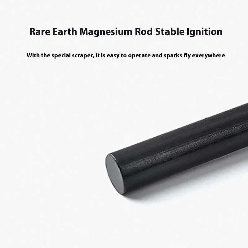 Black multifunctional outdoor survival flint with magnesium rod and stainless steel scraper showing six tool functions