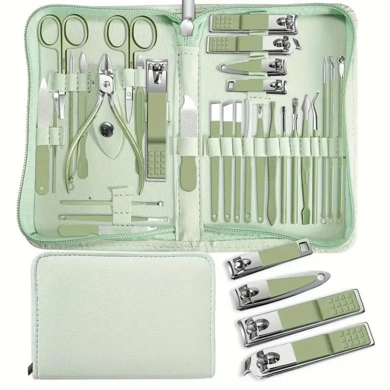 30-piece stainless steel nail beauty tool set showing clippers, files and buffers in pink, blue, rose gold, black, or green.