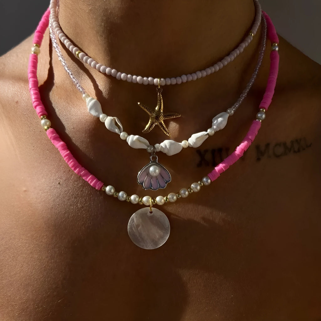 Polymer clay beaded necklace for women with multi-layer shell, twin clavicle chain, and geometric alloy pendant, 41-50cm.