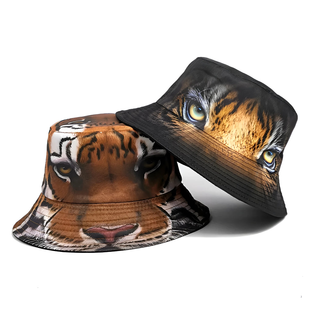 Medium-sized khaki tiger pattern bucket hat with a dome crown on a neutral background.