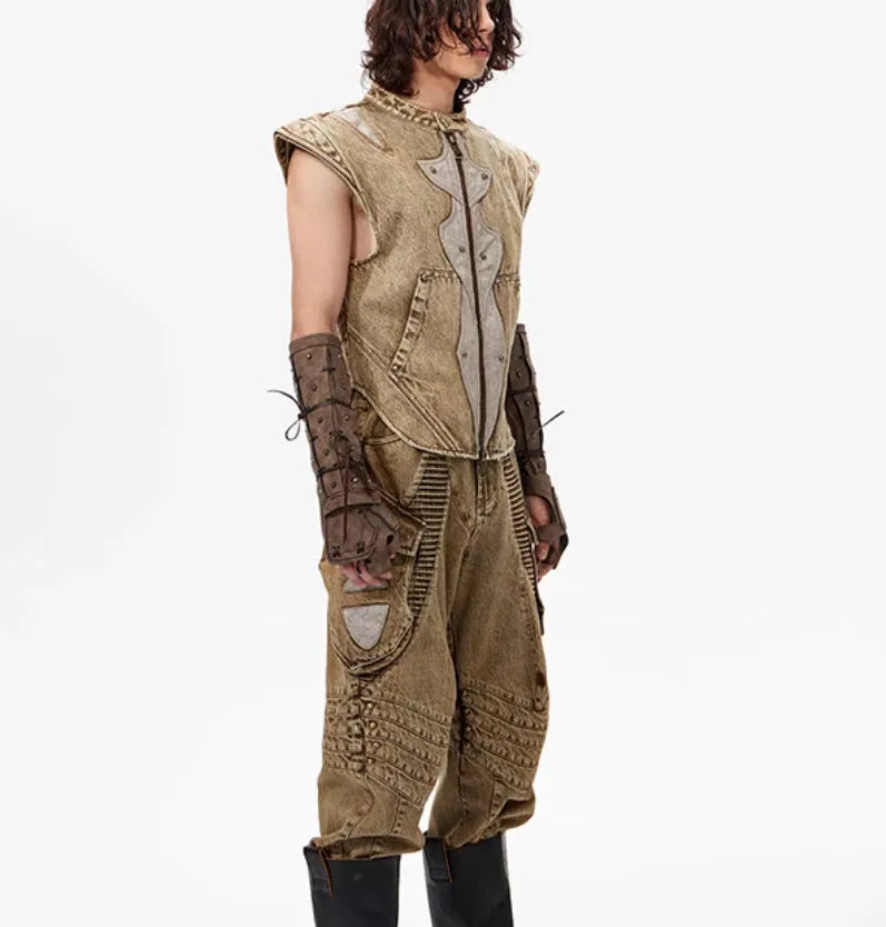 Korean style light denim pleated vest for men on a hanger, showing front detail.