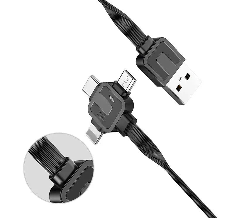 Telescopic three-in-one fast charging data cable extended to 1m, showing connectors for Lightning, micro-USB, and USB-C.