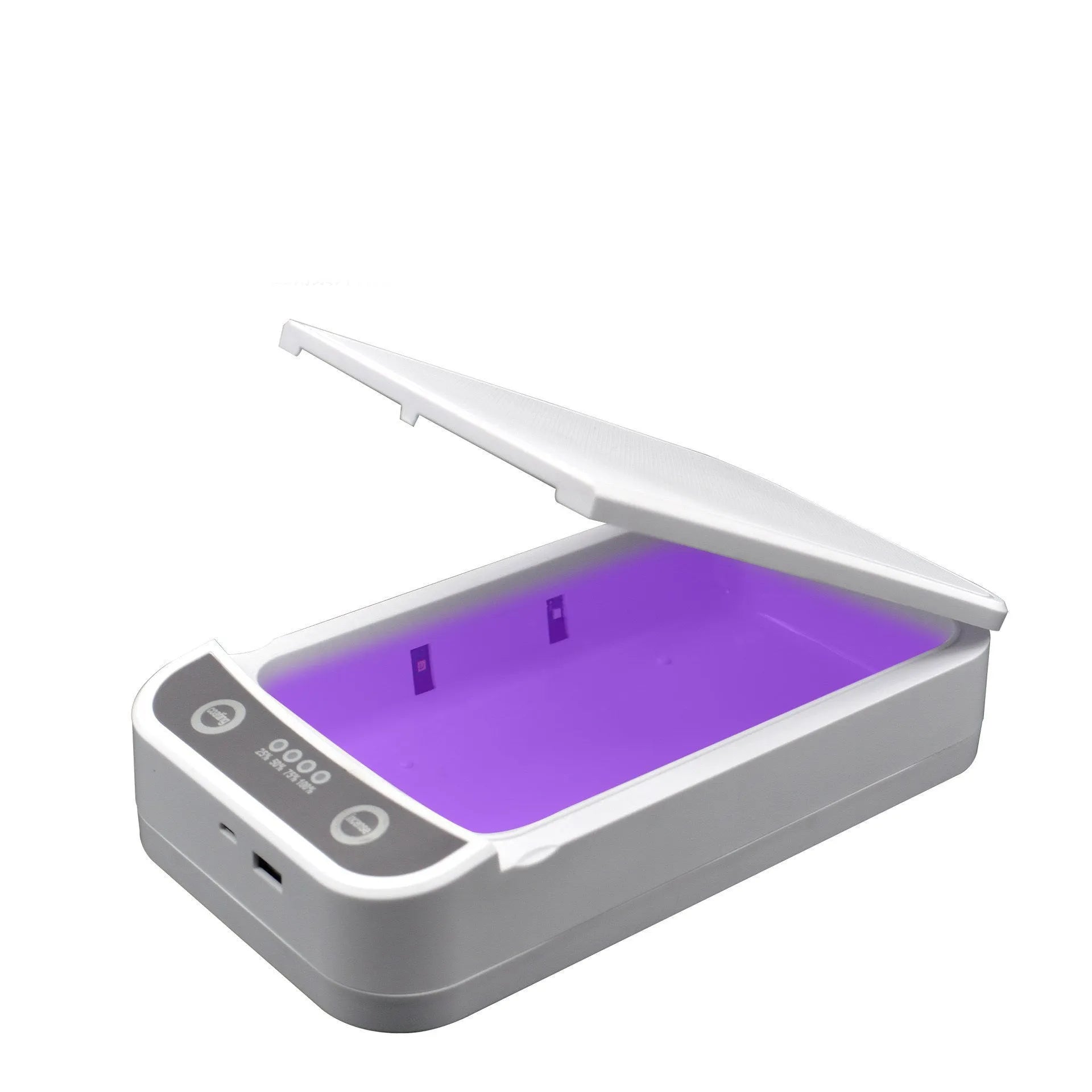 White portable UV disinfection box with lid open, showing internal chamber and UV lamps