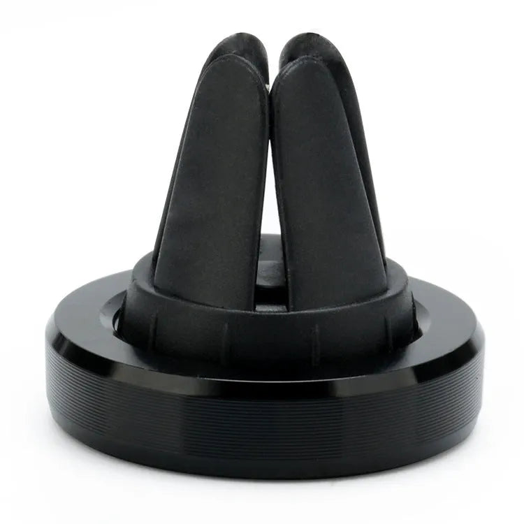 Magnetic mobile phone holder clipped to a car air vent, shown in rose gold colour.