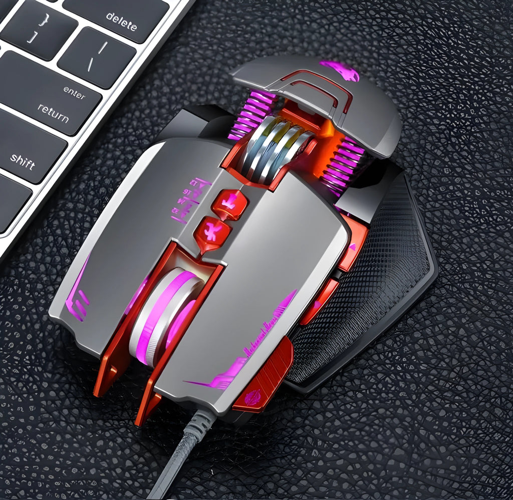 Black Thunder Wolf V9 wired gaming mouse with six buttons on a desk next to a keyboard.