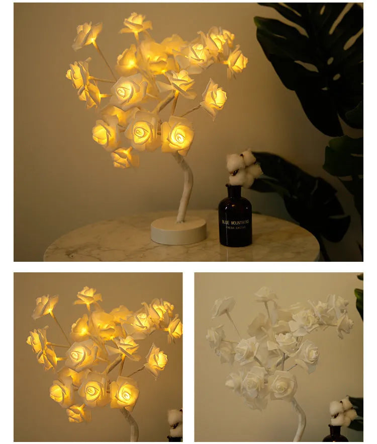 White and red rose flower shaped LED table lamp with bonsai tree garland lights, powered by battery or USB.