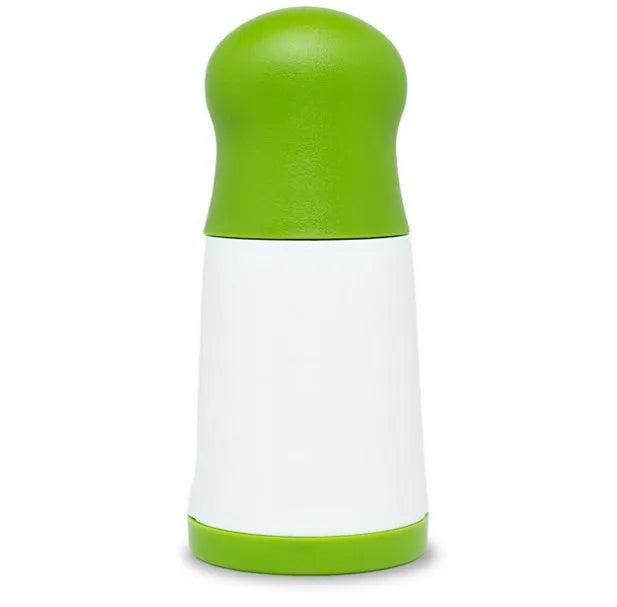 White and grey manual herb grinder with a removable top, showing stainless steel blades inside.