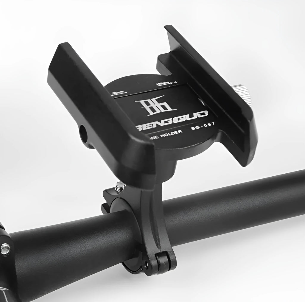Black aluminium alloy bicycle phone holder mounted on a bike handlebar, showing adjustable clamp.