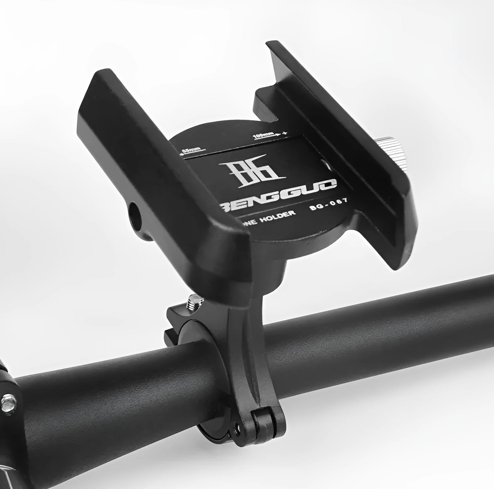 Black aluminium alloy bicycle phone holder mounted on a bike handlebar, showing adjustable clamp.