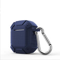 Silicone hard case for AirPods with a metal carabiner clip in solid blue colour.