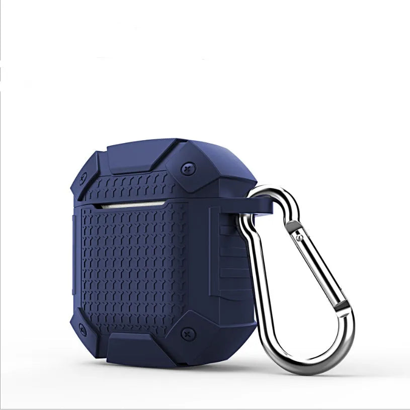 Silicone hard case for AirPods with a metal carabiner clip in solid blue colour.