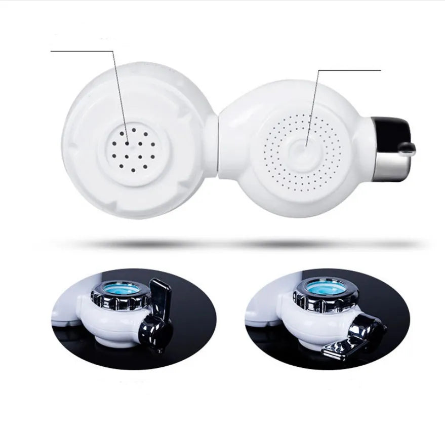 White plastic faucet water filter with universal adapter kit and ceramic cartridge on a kitchen tap.