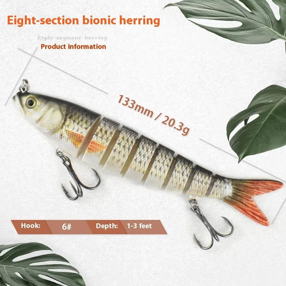 Hard plastic fishing lure with bionic eight fish design, 133mm long, shown in multiple colour options.
